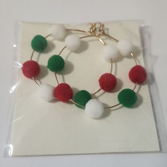 Festive Gold Dangle Hoop Earrings with Red, Green, and White Accents - Picture 1 of 3